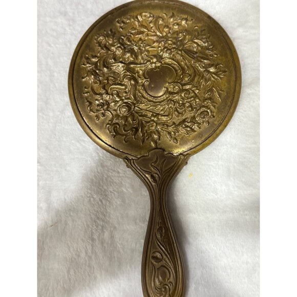 Antique Ornate Brass Hand Mirror With Cherub & Floral Design & Detailed Handle - Picture 4 of 13